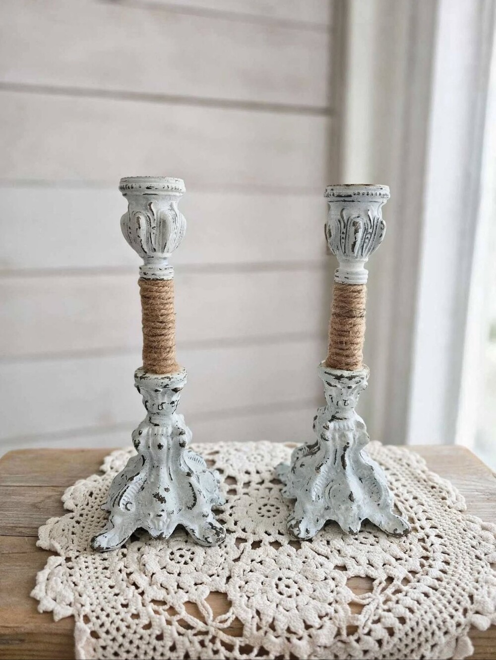 Rustic Distressed Chalk Painted Metal Candlestick Holders Jute Rope